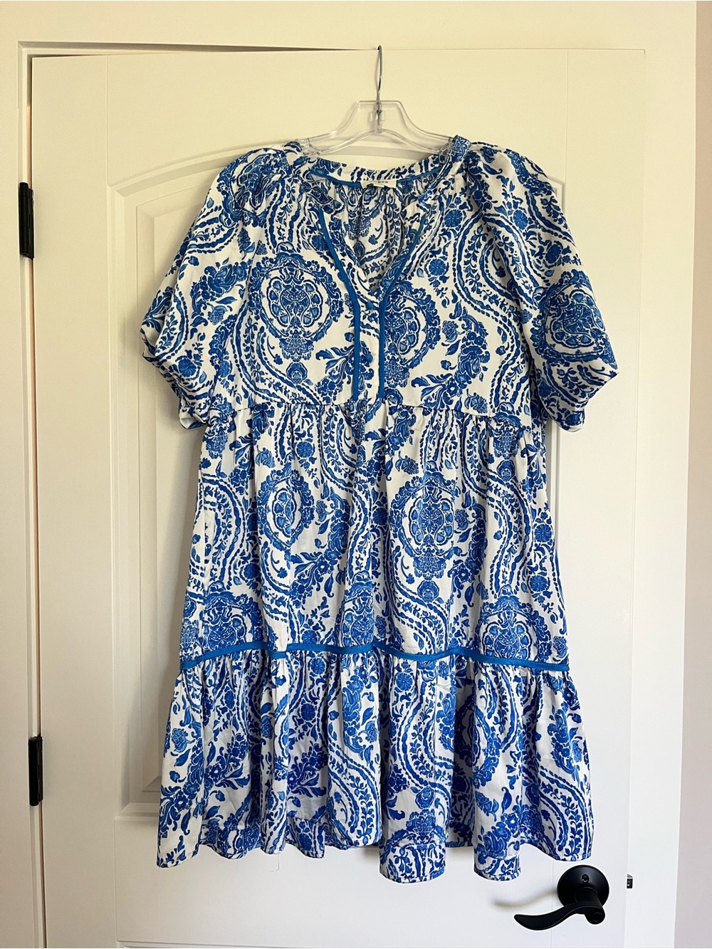Umgee Blue Paisley Tiered Short Dress with Front Buttons